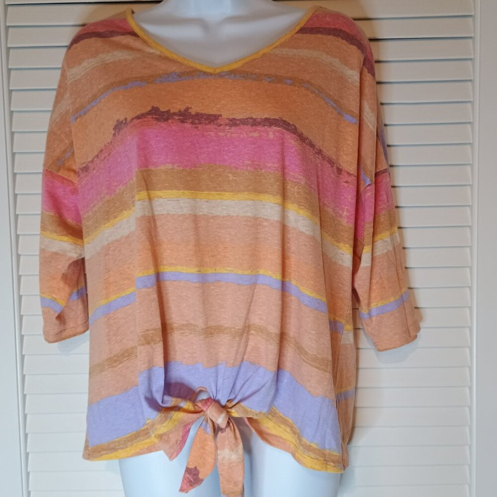 Truself womans pastel stripped V-neck 3/4 sleeve tie front shirt size Large